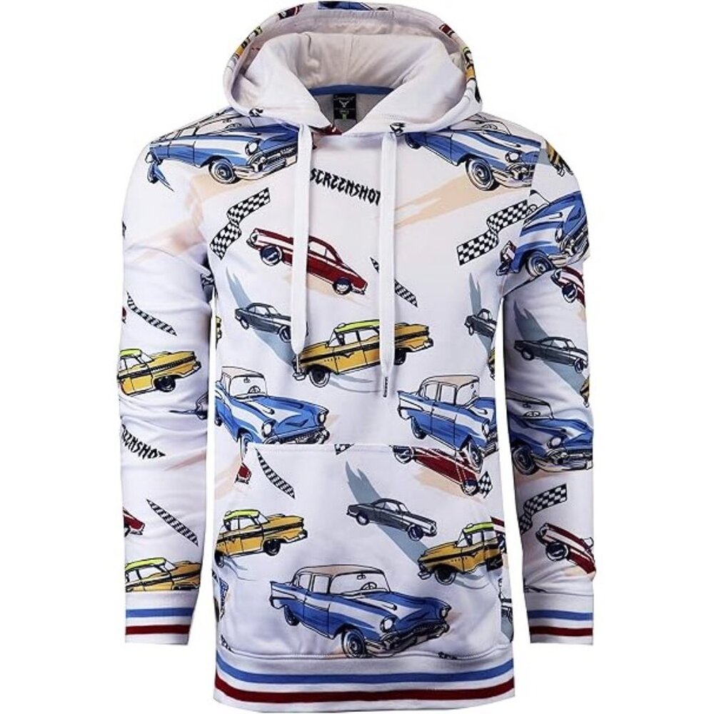 SCREENSHOTBRAND Men's Retro Car Print Fleece Hoodie Size L In White